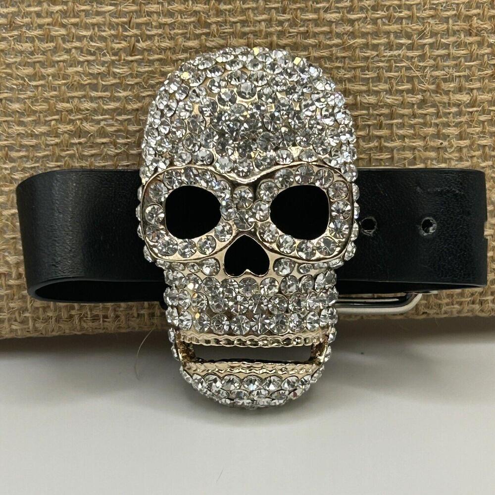 Clear Rhinestones Gold Tone Skull Bling Bling Wrist Buckle W/ Bracelet Strap